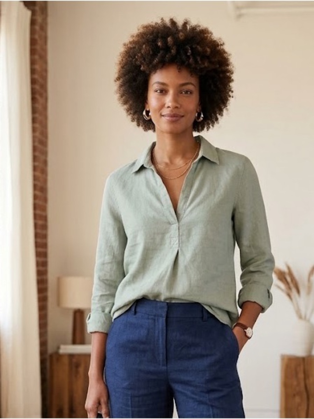 GAP Sage Green Linen V-Neck Tunic
